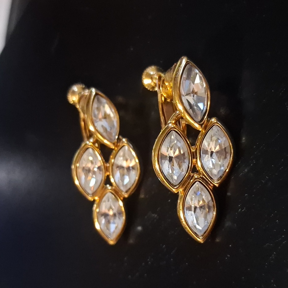 Vintage 1980s-90s Napier Swarovski Navette Crystal Drop Clip Earrings Gold Tone